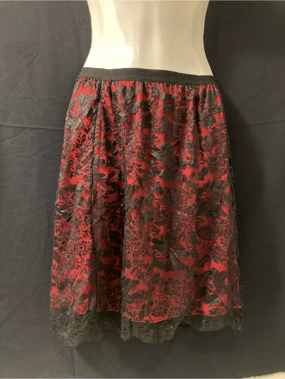Jacob Red Satin Skirt with Black Lace Overlay